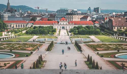 Bilde fra Wien med Belvedere palass i bakgrunnen, og hager og veier i forgrunnen