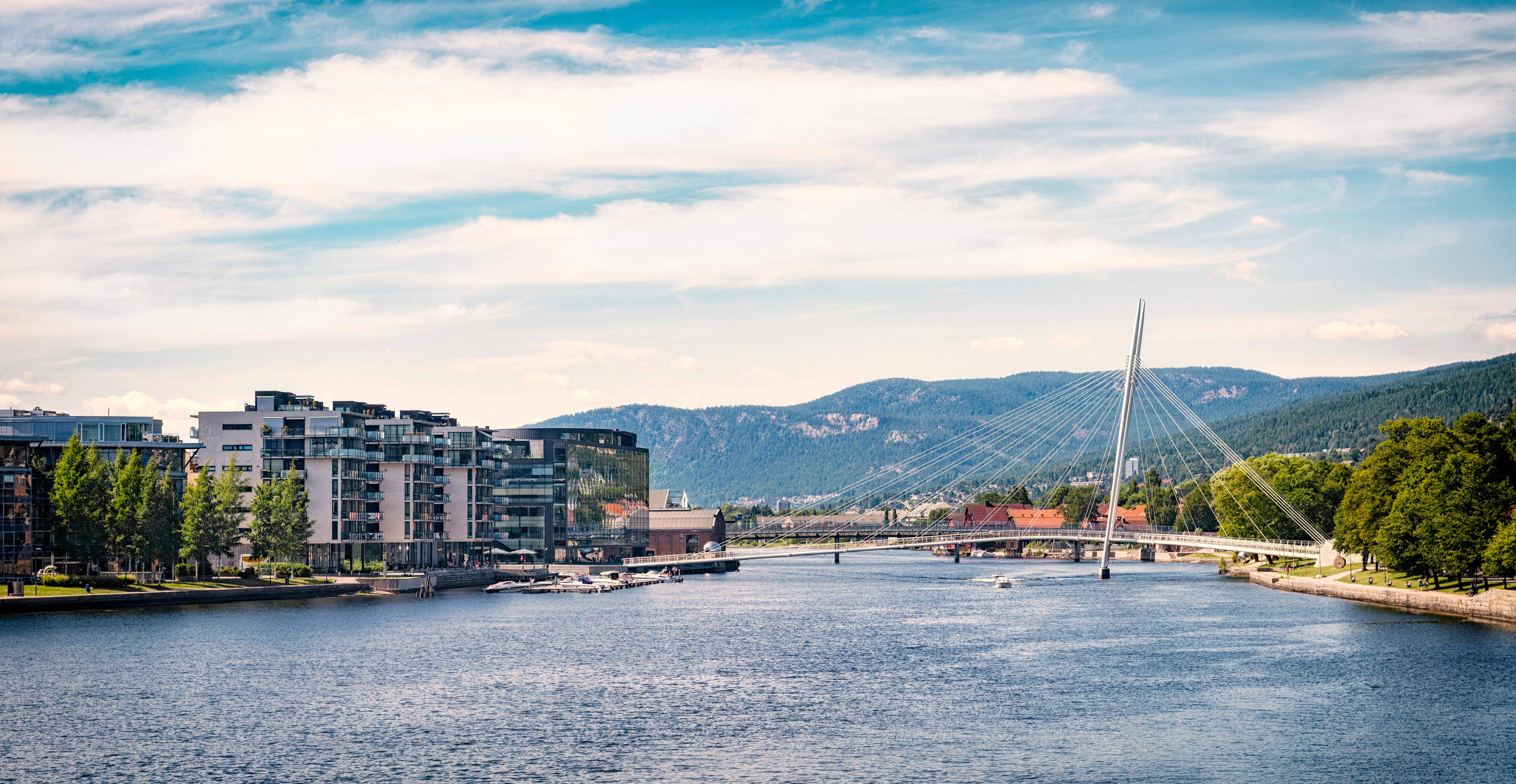 Drammenselva med boligblokker på venstre side og trær til høyre.